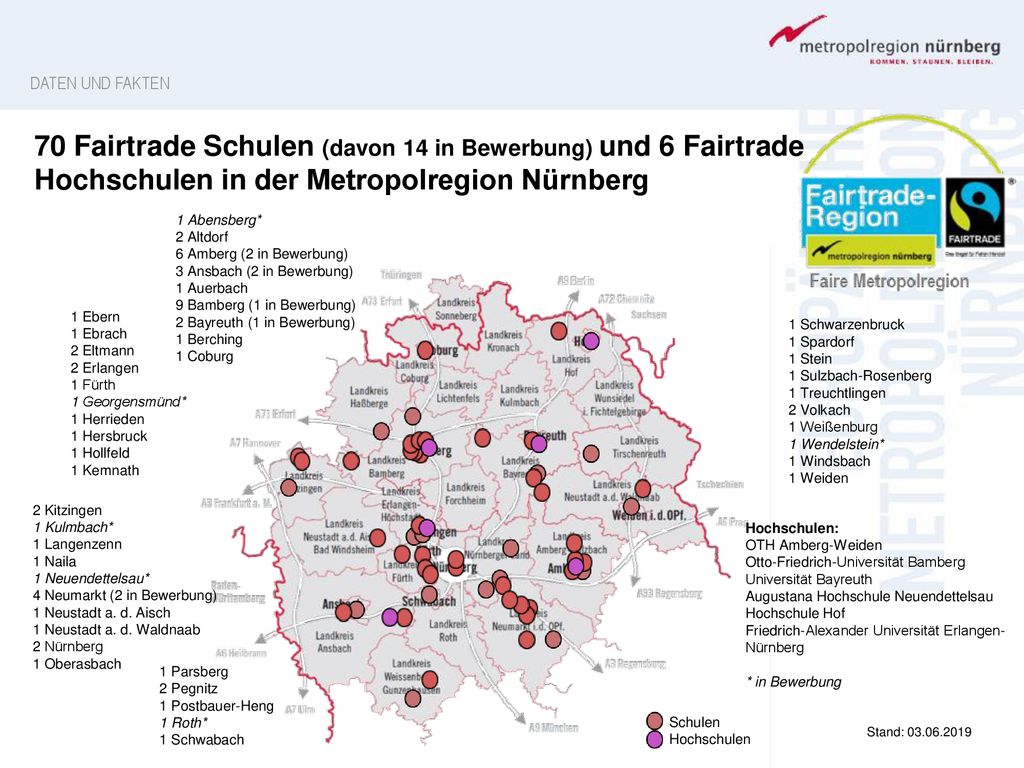 DATEN UND FAKTEN 70 Fairtrade Schulen (davon 14 in Bewerbung) und 6 Fairtrade Hochschulen in der Metropolregion Nürnberg.