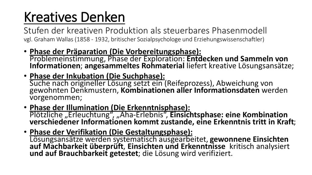 Kreatives Denken Stufen der kreativen Produktion als steuerbares Phasenmodell vgl. Graham Wallas ( , britischer Sozialpsychologe und Erziehungswissenschaftler)