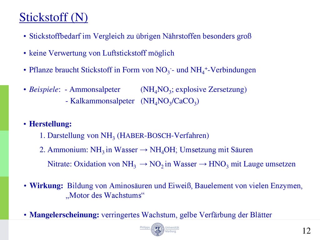 Stickstoff (N) Stickstoffbedarf im Vergleich zu übrigen Nährstoffen besonders groß. keine Verwertung von Luftstickstoff möglich.