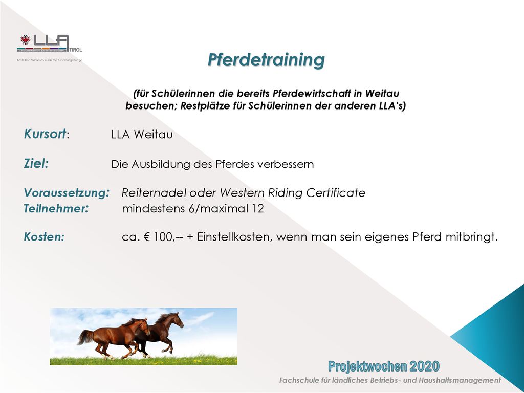 Pferdetraining (für Schülerinnen die bereits Pferdewirtschaft in Weitau. besuchen; Restplätze für Schülerinnen der anderen LLA‘s)