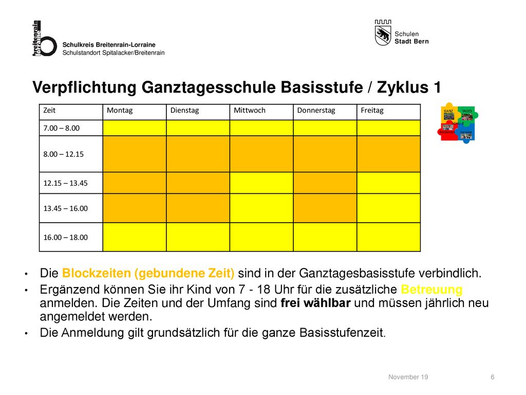 Verpflichtung Ganztagesschule Basisstufe / Zyklus 1