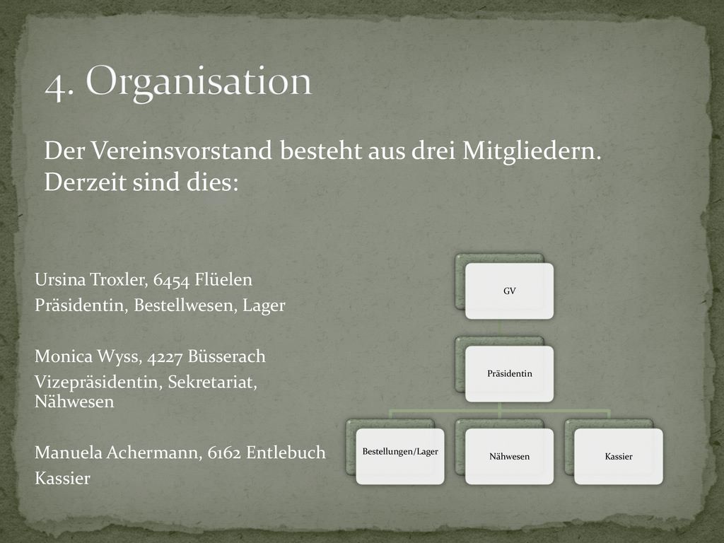 4. Organisation Der Vereinsvorstand besteht aus drei Mitgliedern. Derzeit sind dies: GV. Präsidentin.