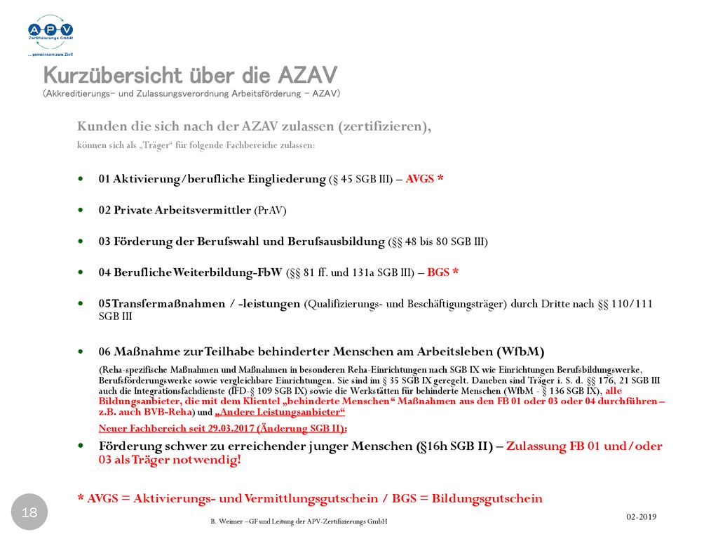 Kurzübersicht über die AZAV (Akkreditierungs- und Zulassungsverordnung Arbeitsförderung - AZAV)
