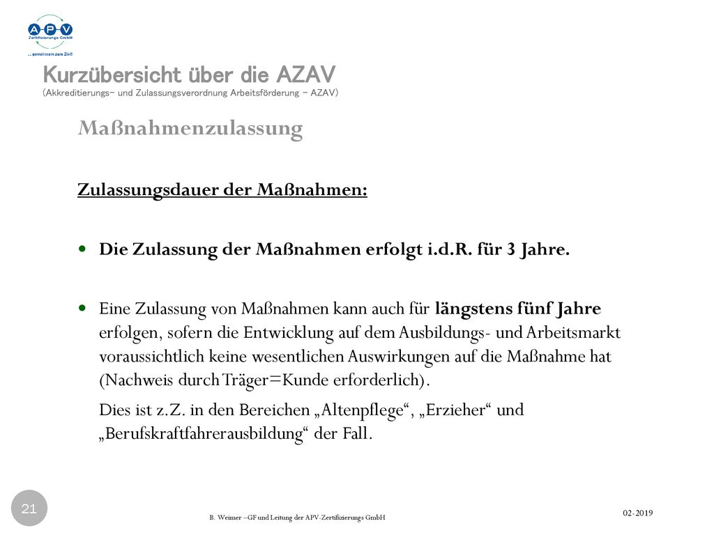 Kurzübersicht über die AZAV (Akkreditierungs- und Zulassungsverordnung Arbeitsförderung - AZAV)