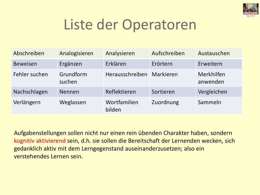 Liste der Operatoren Abschreiben. Analogisieren. Analysieren. Aufschreiben. Austauschen. Beweisen.