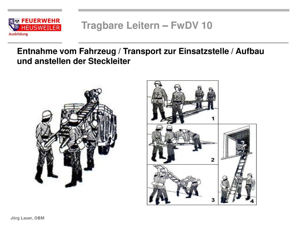 Entnahme vom Fahrzeug / Transport zur Einsatzstelle / Aufbau und anstellen der Steckleiter