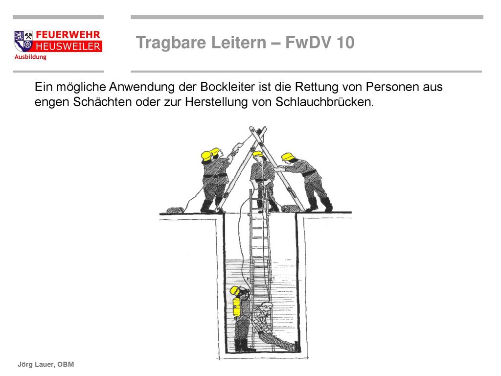 Ein mögliche Anwendung der Bockleiter ist die Rettung von Personen aus engen Schächten oder zur Herstellung von Schlauchbrücken.