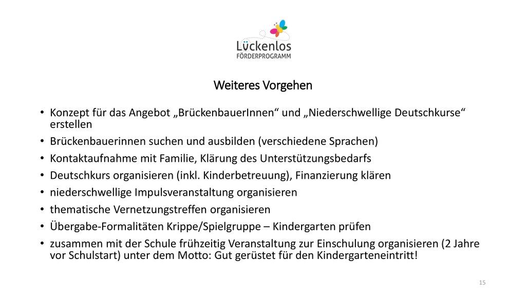 Weiteres Vorgehen Konzept für das Angebot „BrückenbauerInnen und „Niederschwellige Deutschkurse erstellen.