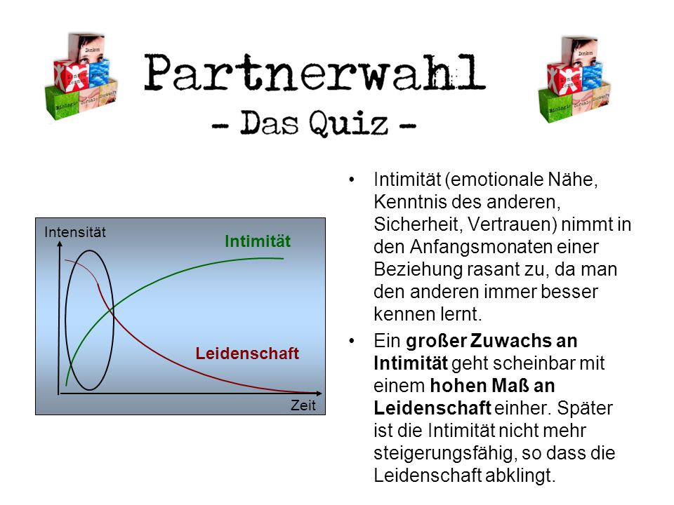 Intimität (emotionale Nähe, Kenntnis des anderen, Sicherheit, Vertrauen) nimmt in den Anfangsmonaten einer Beziehung rasant zu, da man den anderen immer besser kennen lernt.