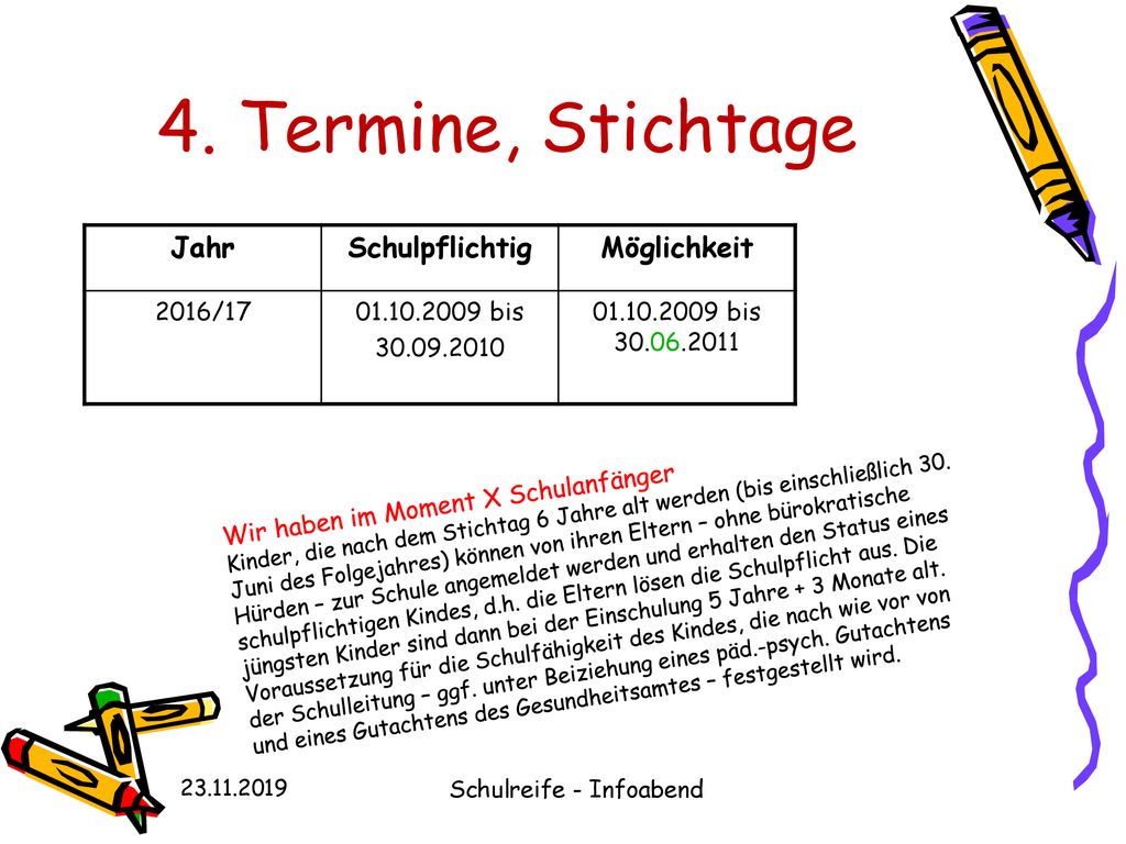 4. Termine, Stichtage Jahr Schulpflichtig Möglichkeit 2016/17
