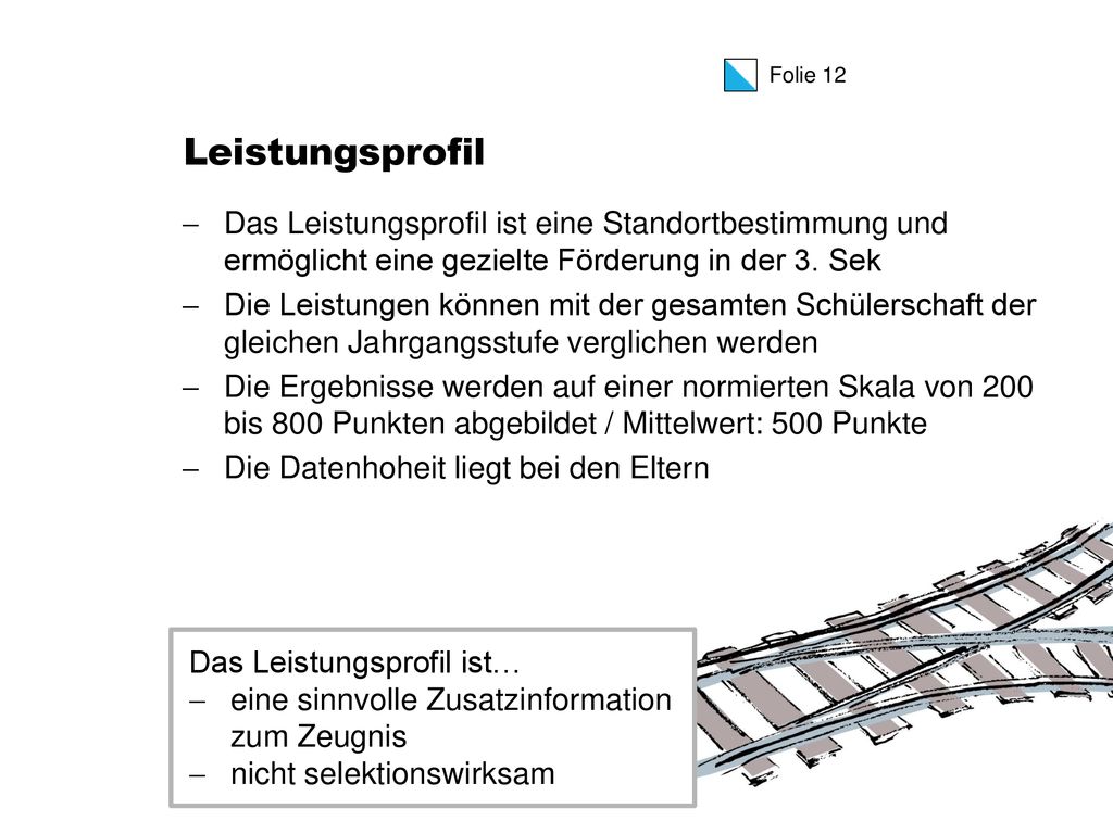 Leistungsprofil Das Leistungsprofil ist eine Standortbestimmung und ermöglicht eine gezielte Förderung in der 3. Sek.