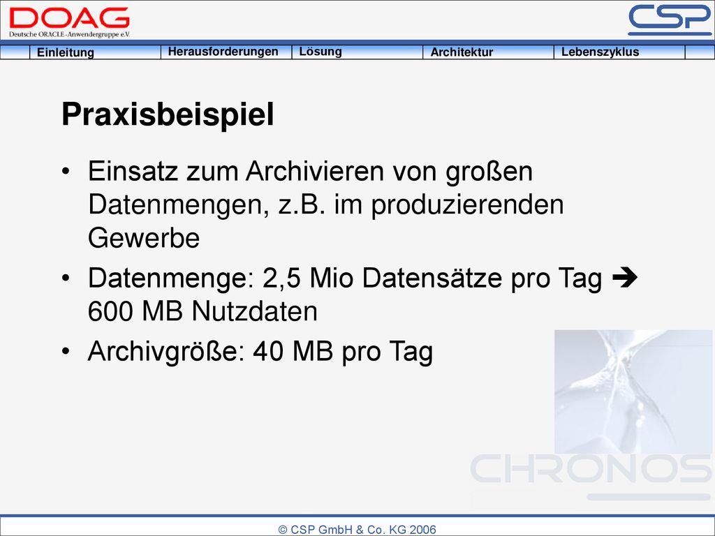 Praxisbeispiel Einsatz zum Archivieren von großen Datenmengen, z.B. im produzierenden Gewerbe.