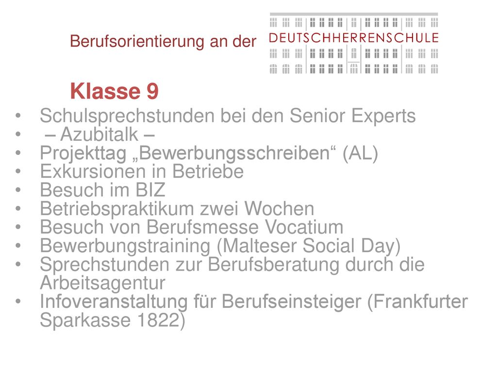 Klasse 9 Schulsprechstunden bei den Senior Experts – Azubitalk –