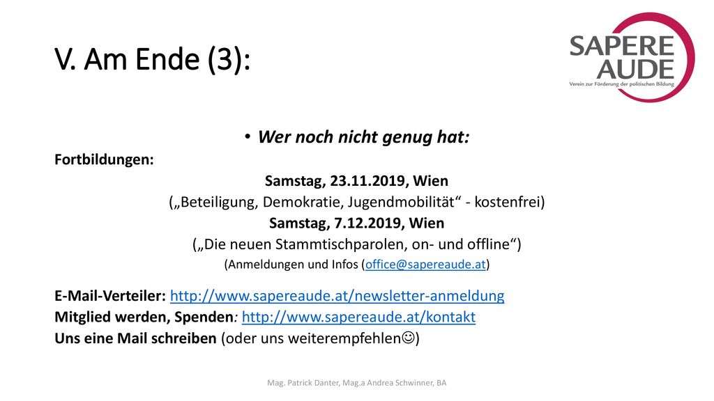 V. Am Ende (3): Wer noch nicht genug hat: Fortbildungen: