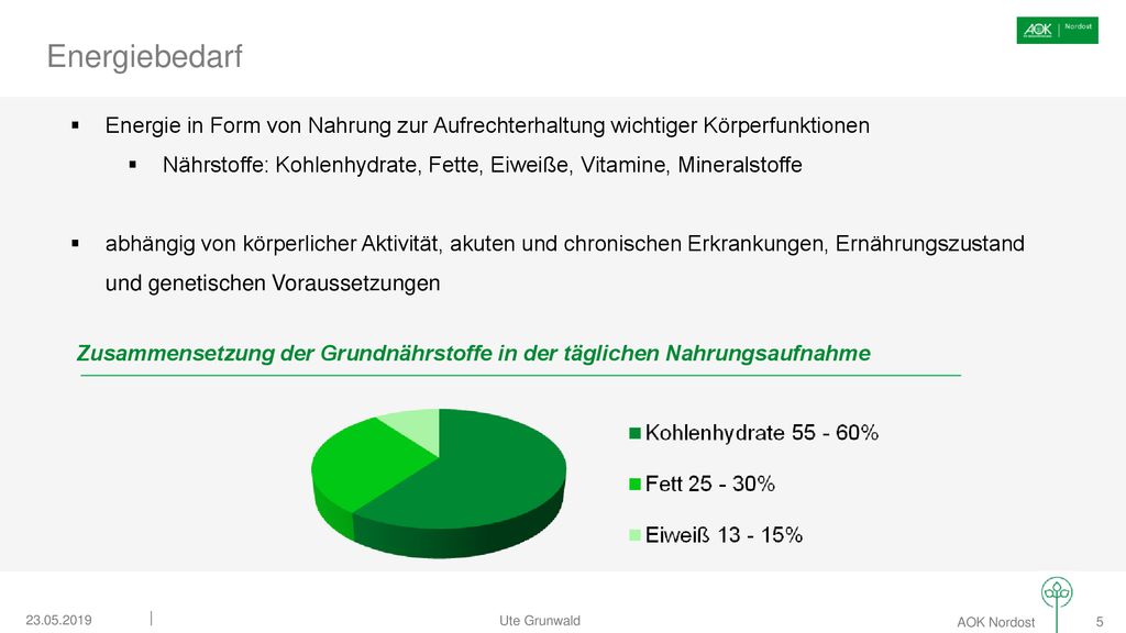 Energiebedarf Energie in Form von Nahrung zur Aufrechterhaltung wichtiger Körperfunktionen.