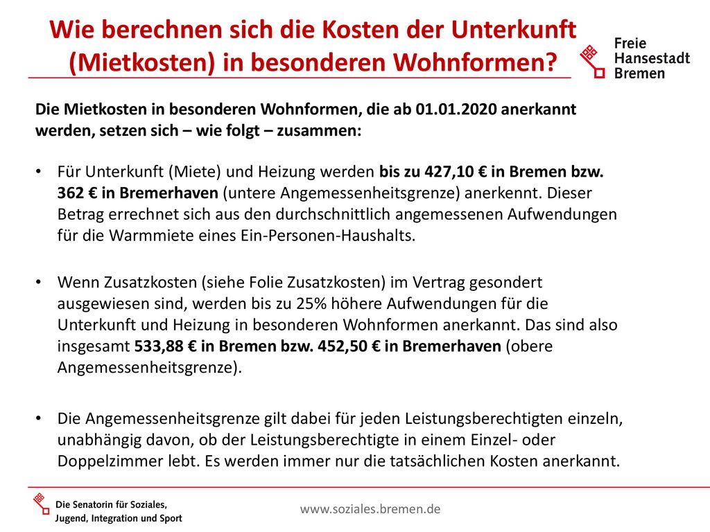 Wie berechnen sich die Kosten der Unterkunft (Mietkosten) in besonderen Wohnformen