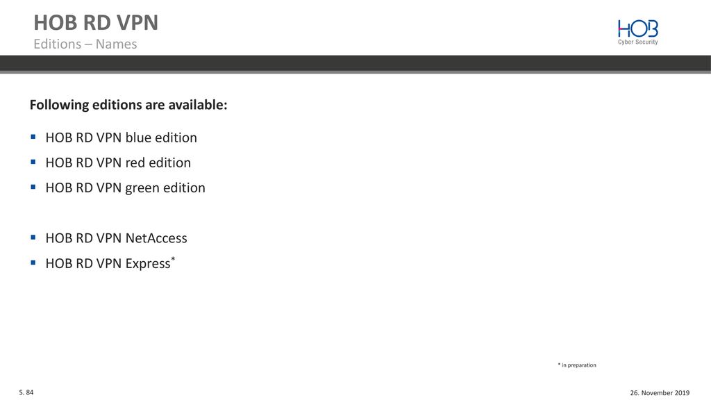 HOB RD VPN Editions – Names Following editions are available: