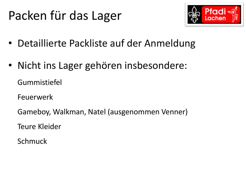 Packen für das Lager Detaillierte Packliste auf der Anmeldung