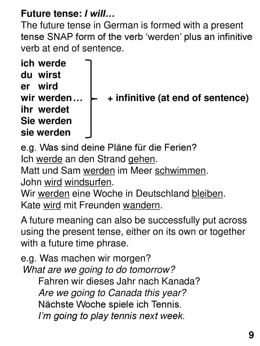 Future tense: I will… The future tense in German is formed with a present. tense SNAP form of the verb ‘werden’ plus an infinitive.