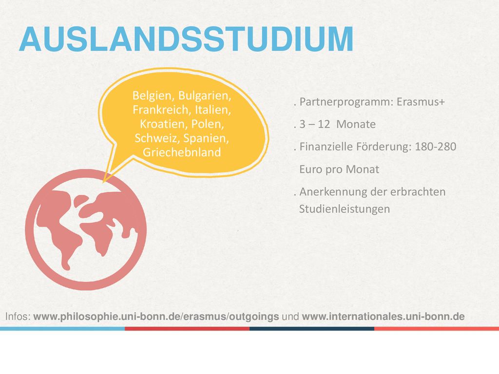 Auslandsstudium Belgien, Bulgarien, Frankreich, Italien, Kroatien, Polen, Schweiz, Spanien, Griechebnland.