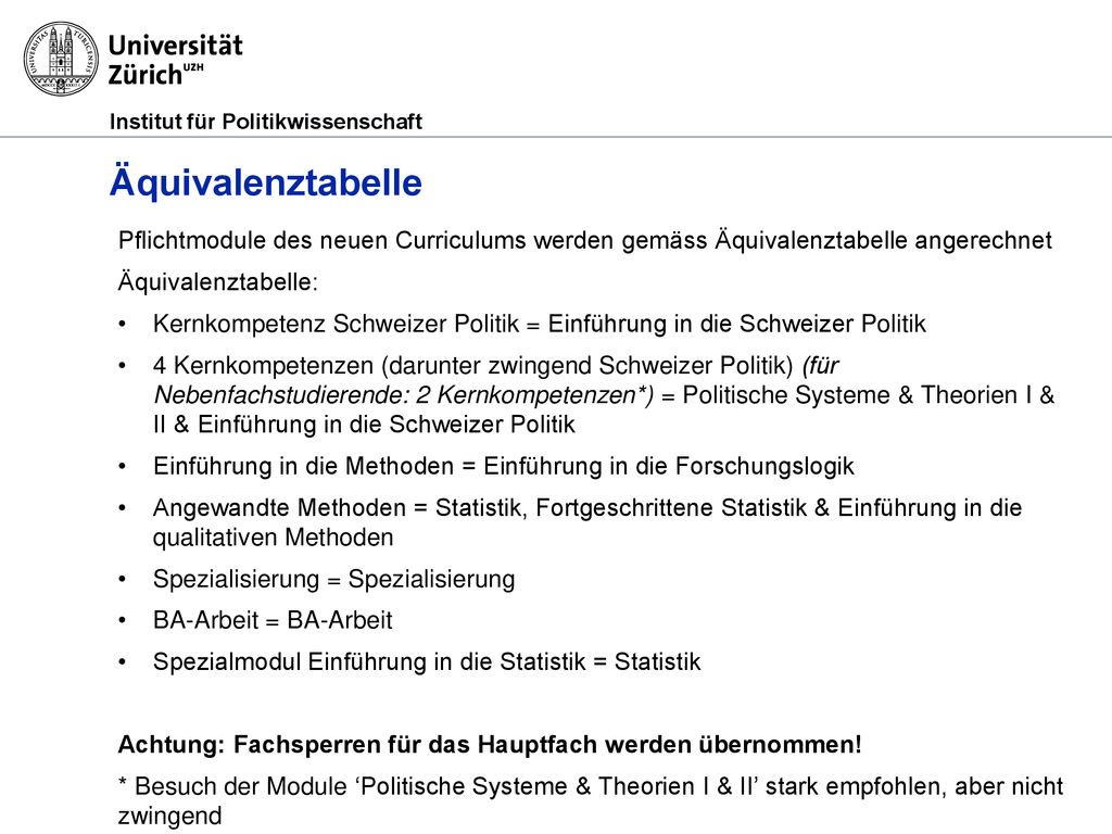 Äquivalenztabelle Pflichtmodule des neuen Curriculums werden gemäss Äquivalenztabelle angerechnet. Äquivalenztabelle: