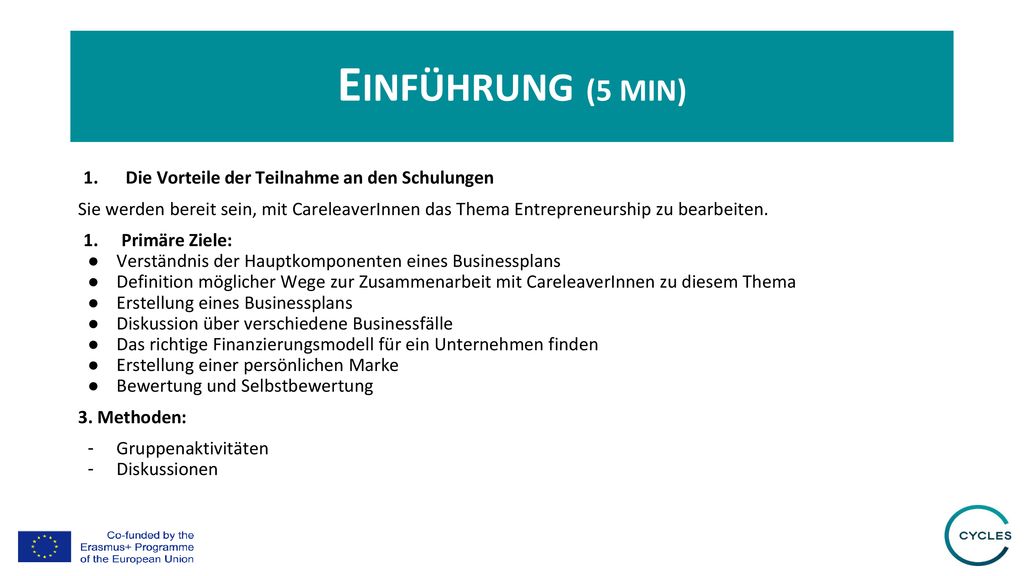 Einführung (5 MIN) Die Vorteile der Teilnahme an den Schulungen