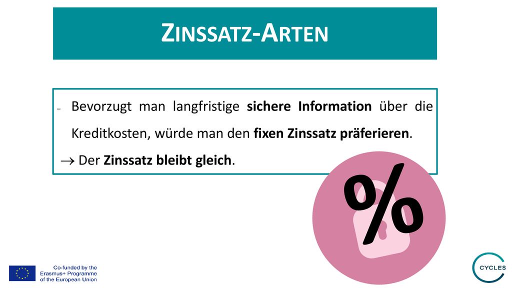 Zinssatz-Arten Bevorzugt man langfristige sichere Information über die Kreditkosten, würde man den fixen Zinssatz präferieren.