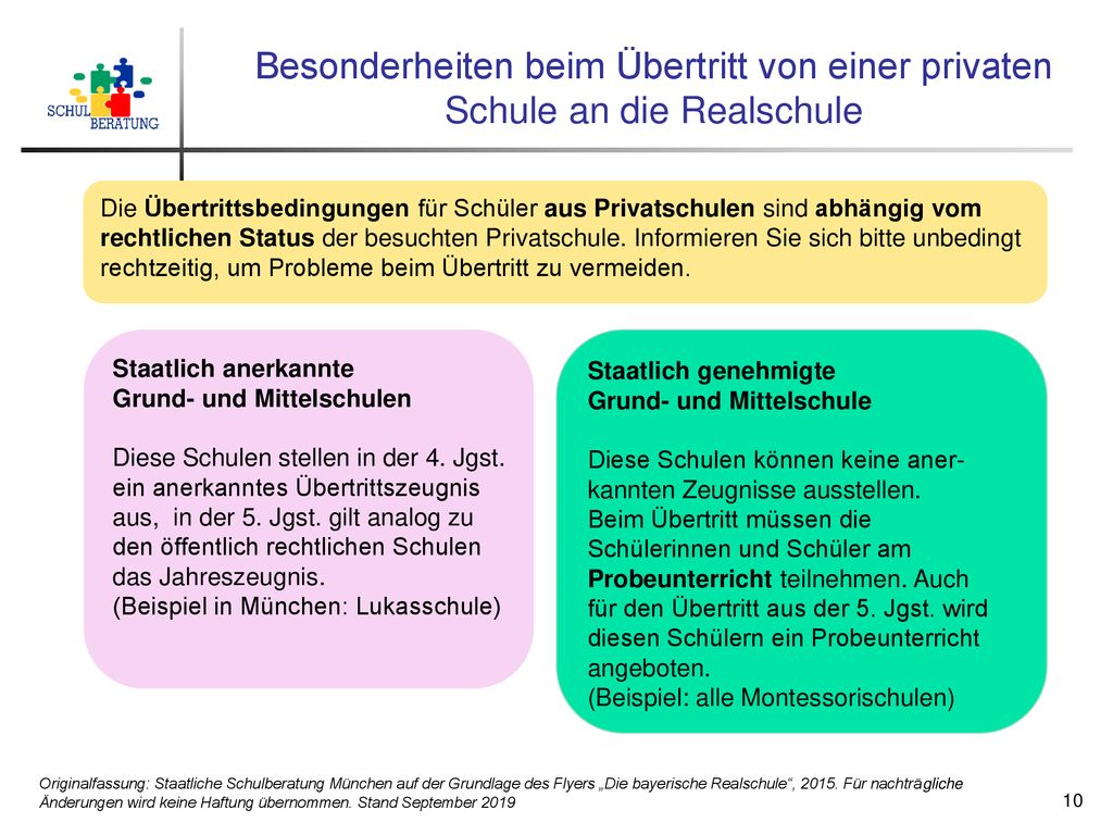 Besonderheiten beim Übertritt von einer privaten Schule an die Realschule