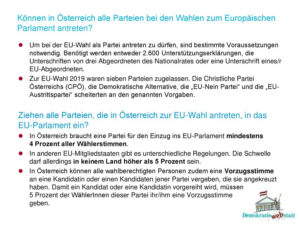 Können in Österreich alle Parteien bei den Wahlen zum Europäischen Parlament antreten