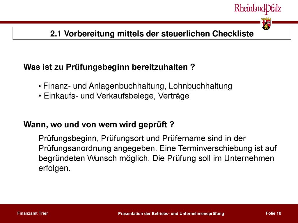 2.1 Vorbereitung mittels der steuerlichen Checkliste