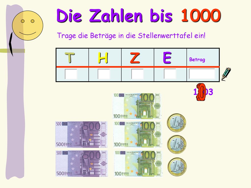 Die Zahlen bis 1000 Trage die Beträge in die Stellenwerttafel ein! T H Z E Betrag