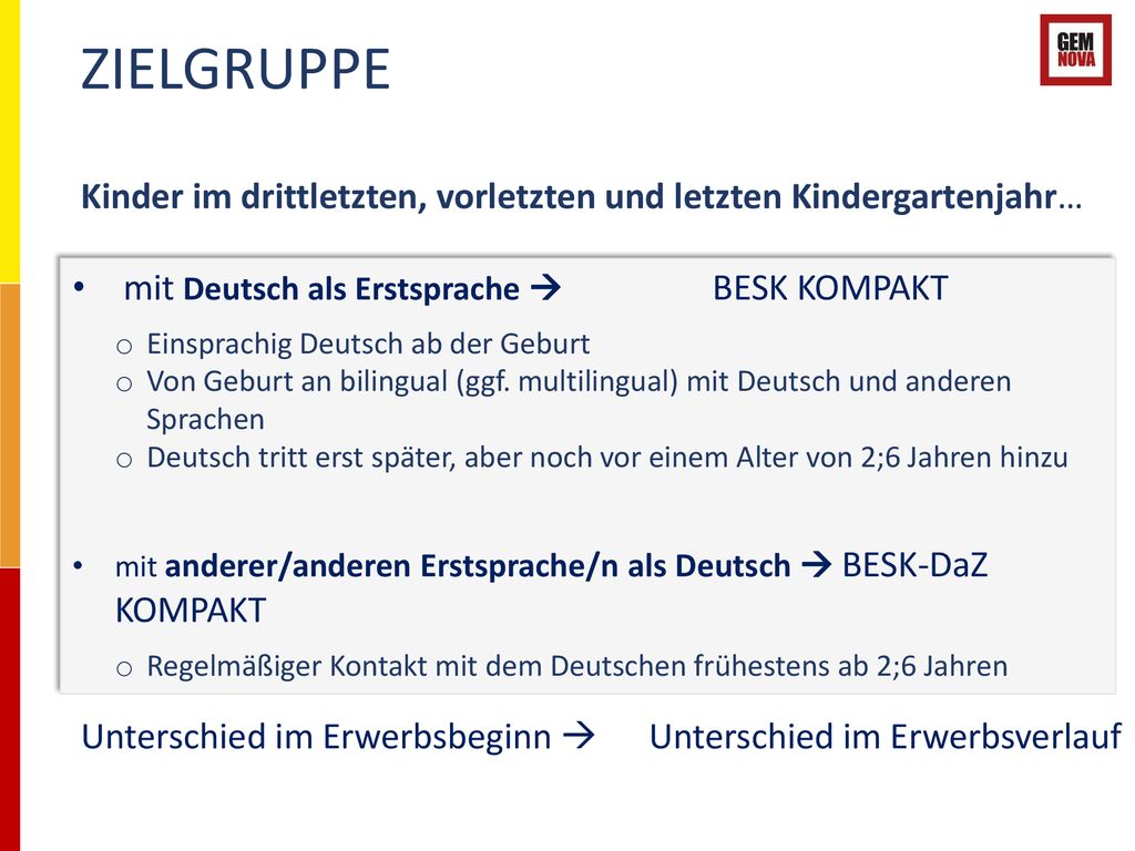 ZIELGRUPPE Kinder im drittletzten, vorletzten und letzten Kindergartenjahr… mit Deutsch als Erstsprache  BESK KOMPAKT.