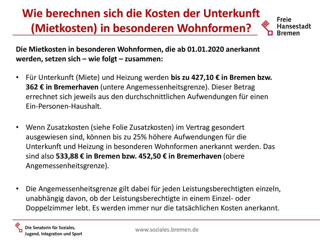 Wie berechnen sich die Kosten der Unterkunft (Mietkosten) in besonderen Wohnformen