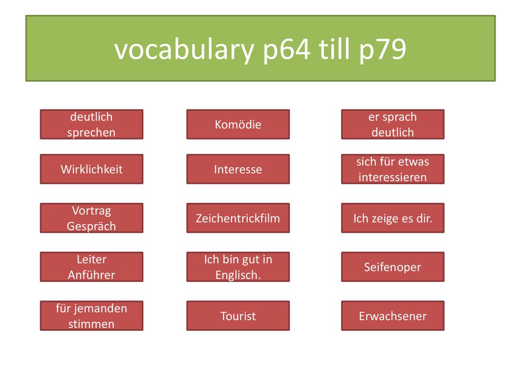 vocabulary p64 till p79 deutlich sprechen speak clearly Komödie comedy