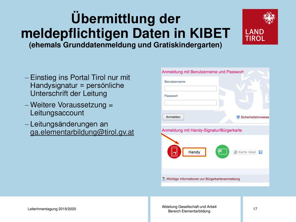 Übermittlung der meldepflichtigen Daten in KIBET (ehemals Grunddatenmeldung und Gratiskindergarten)