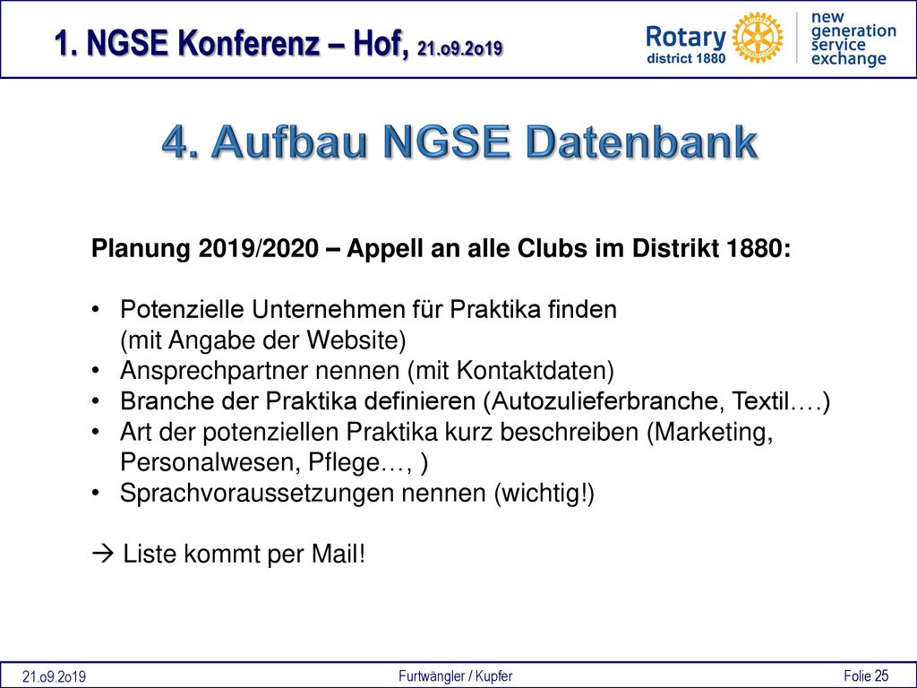 4. Aufbau NGSE Datenbank Planung 2019/2020 – Appell an alle Clubs im Distrikt 1880: