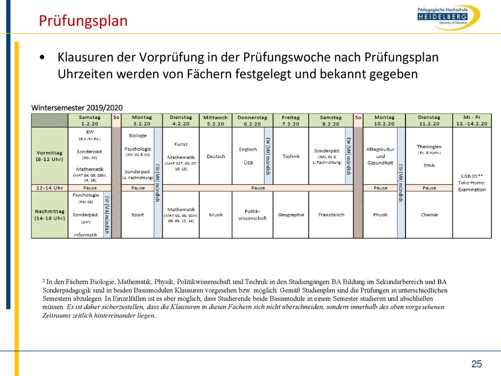 Prüfungsplan Klausuren der Vorprüfung in der Prüfungswoche nach Prüfungsplan Uhrzeiten werden von Fächern festgelegt und bekannt gegeben.
