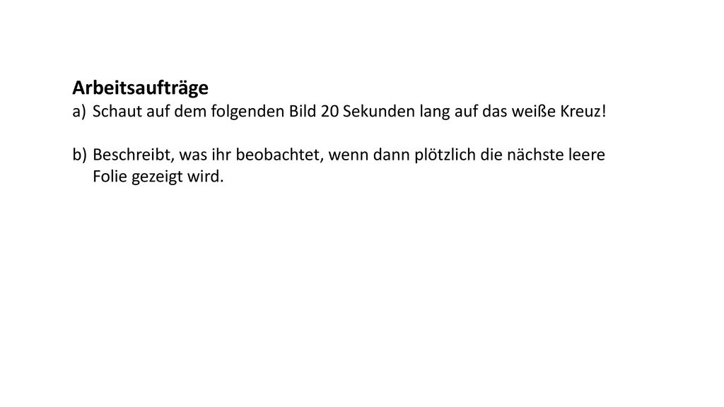 Arbeitsaufträge Schaut auf dem folgenden Bild 20 Sekunden lang auf das weiße Kreuz!