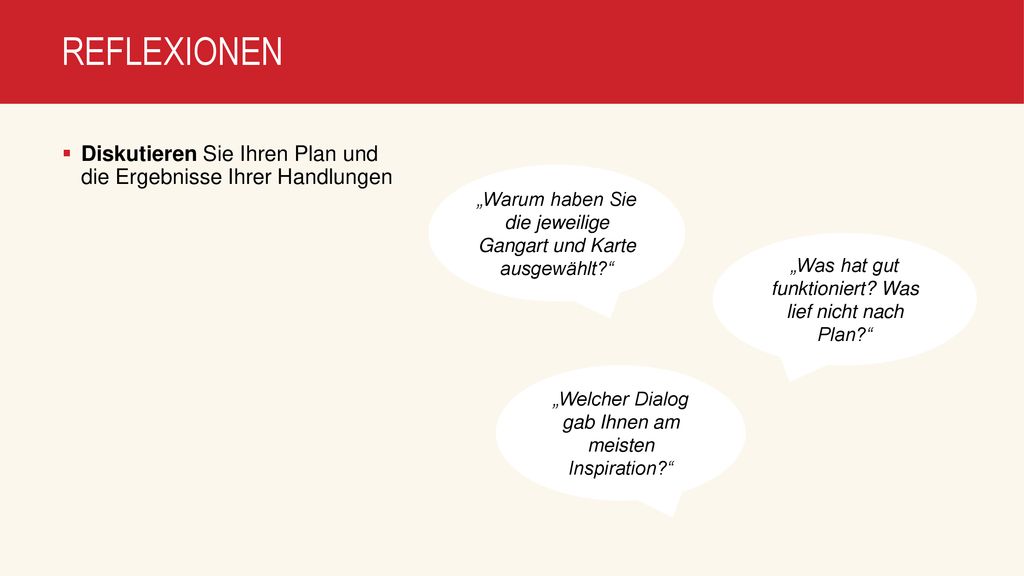 REFLEXIONEN Diskutieren Sie Ihren Plan und die Ergebnisse Ihrer Handlungen. „Warum haben Sie die jeweilige Gangart und Karte ausgewählt