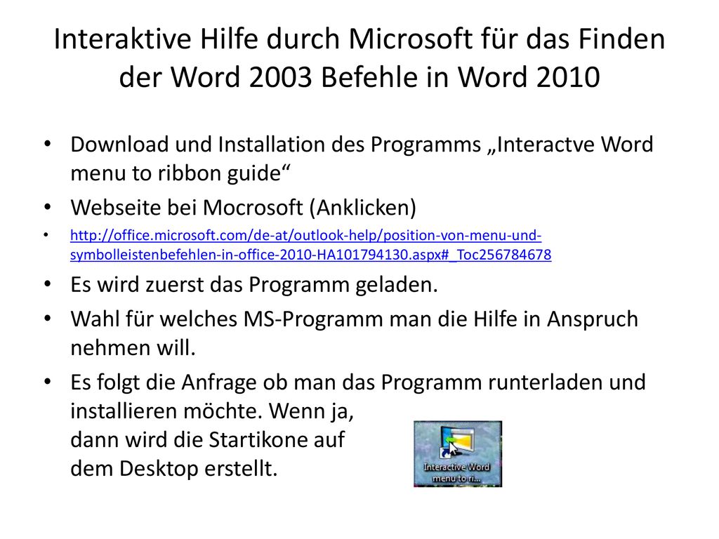 Interaktive Hilfe durch Microsoft für das Finden der Word 2003 Befehle in Word 2010