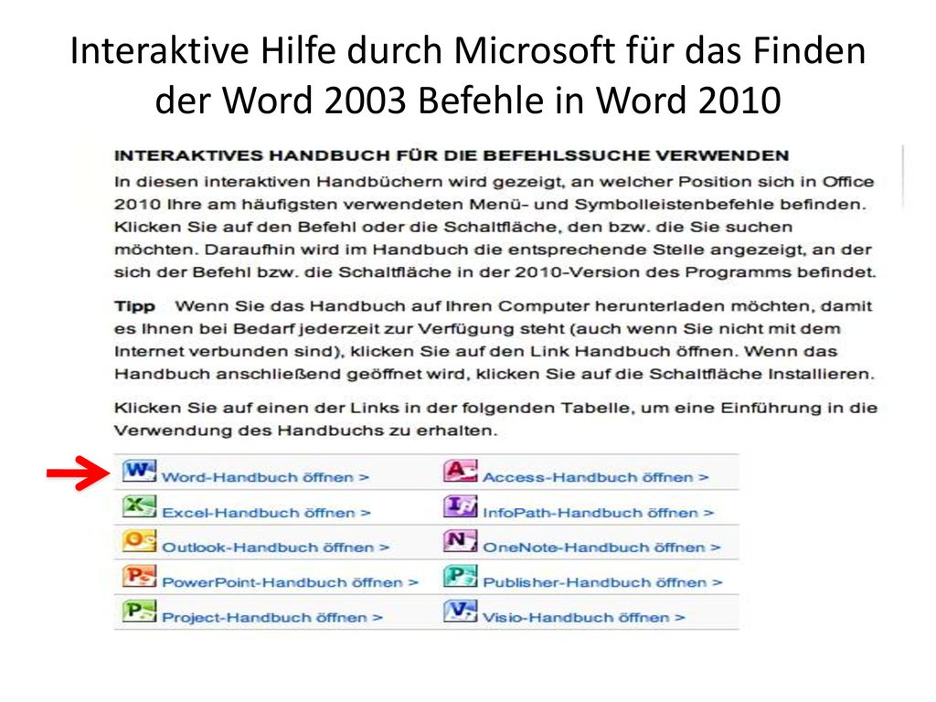 Interaktive Hilfe durch Microsoft für das Finden der Word 2003 Befehle in Word 2010
