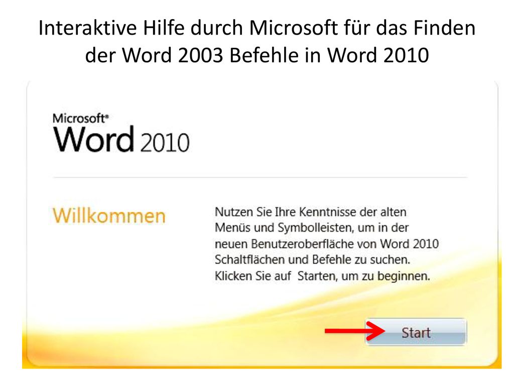 Interaktive Hilfe durch Microsoft für das Finden der Word 2003 Befehle in Word 2010