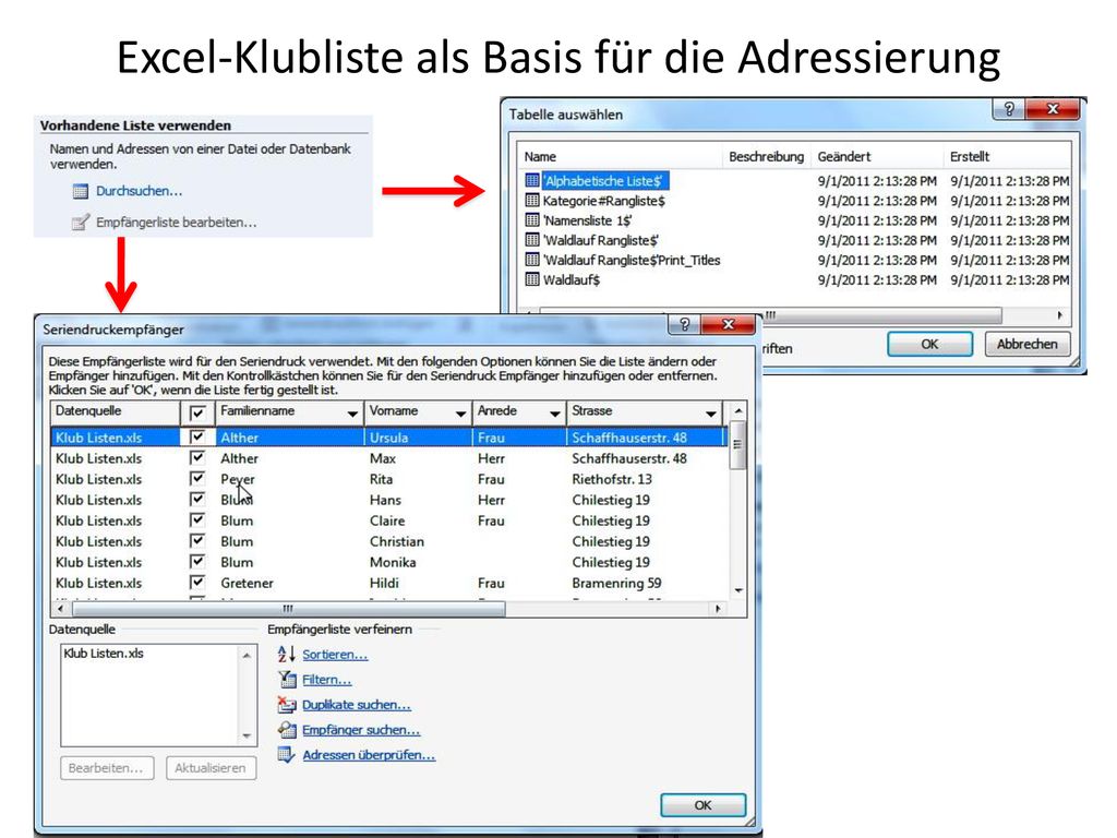 Excel-Klubliste als Basis für die Adressierung