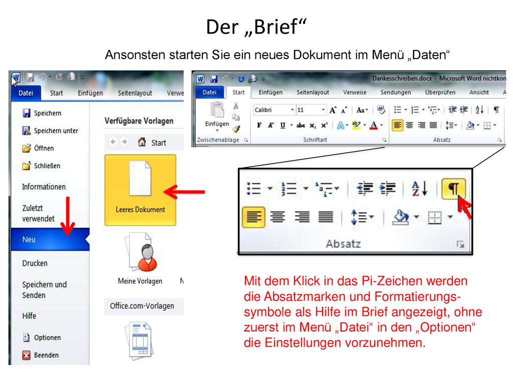 Der „Brief Ansonsten starten Sie ein neues Dokument im Menü „Daten