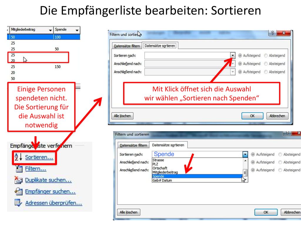 Die Empfängerliste bearbeiten: Sortieren