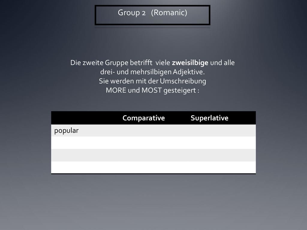Group 2 (Romanic) Die zweite Gruppe betrifft viele zweisilbige und alle drei- und mehrsilbigen Adjektive.