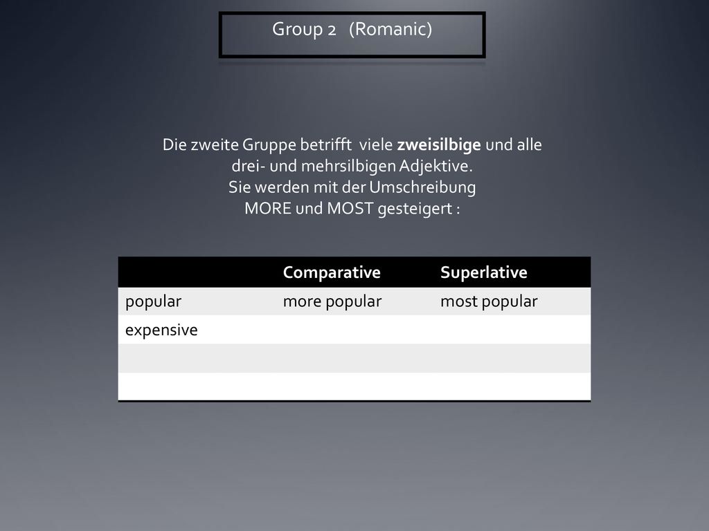 Group 2 (Romanic) Die zweite Gruppe betrifft viele zweisilbige und alle drei- und mehrsilbigen Adjektive.