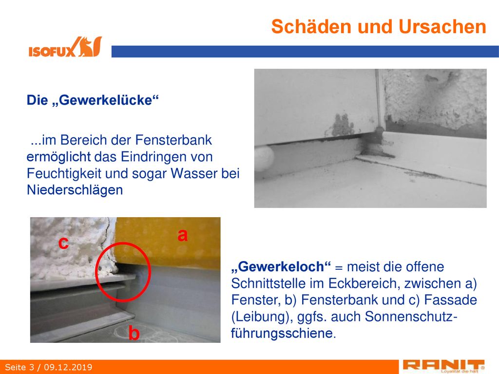 Schäden und Ursachen Die „Gewerkelücke ...im Bereich der Fensterbank ermöglicht das Eindringen von Feuchtigkeit und sogar Wasser bei Niederschlägen