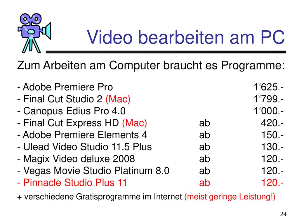 Video bearbeiten am PC Zum Arbeiten am Computer braucht es Programme: