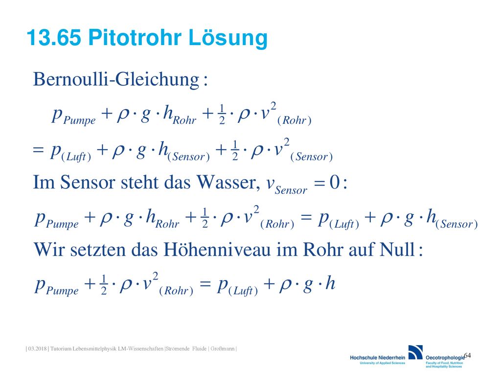 13.65 Pitotrohr Lösung | | Tutorium Lebensmittelphysik LM-Wissenschaften |Strömende Fluide | Großmann |